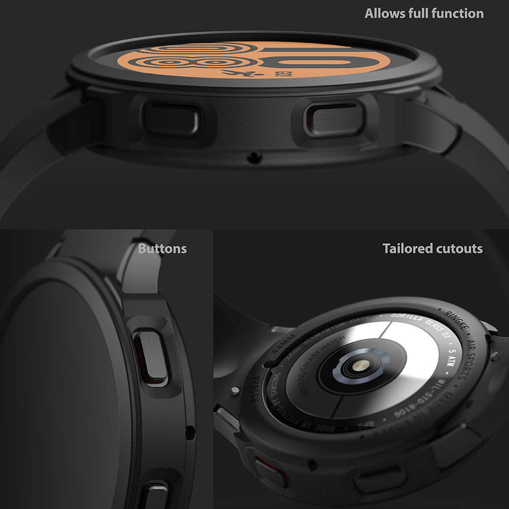 Galaxy Watch 4 (44mm) Case | Air Sports - Close-up views of watch case buttons and precise cutouts on a black smartwatch.