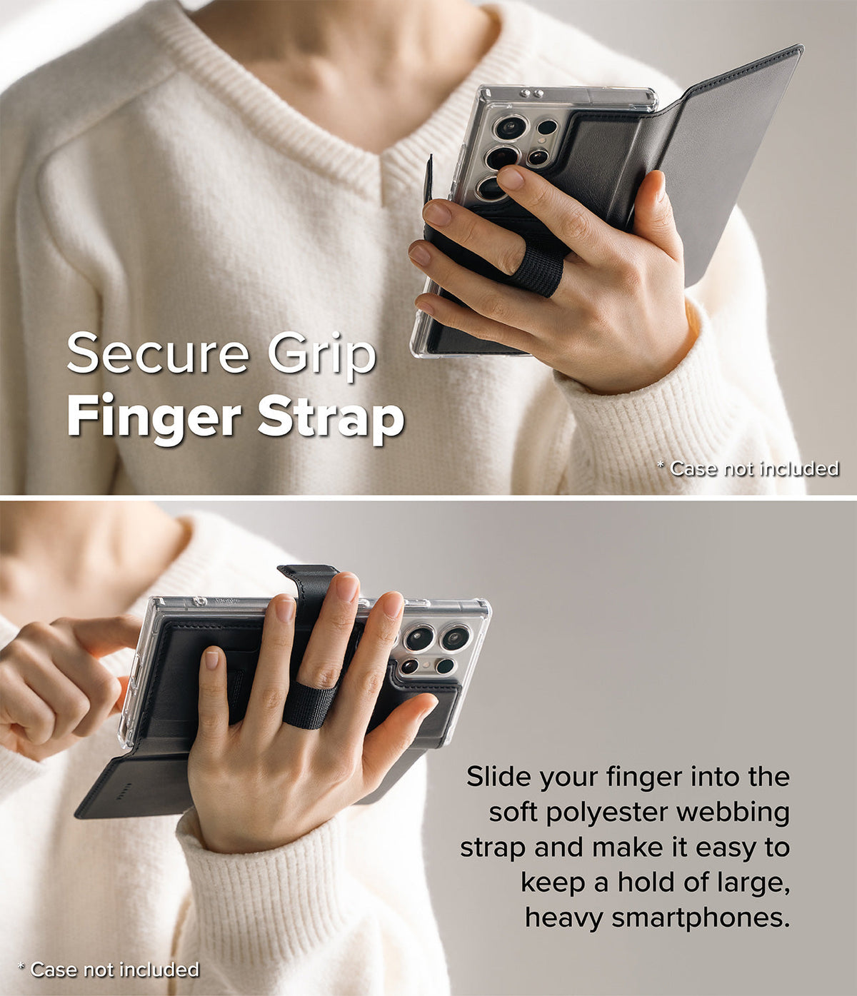 Galaxy S25 Ultra Cover | Folio Grip Wallet Magnetic - Galaxy S25 Ultra Cover - Person holding a phone with a black folio case featuring a secure polyester finger strap.