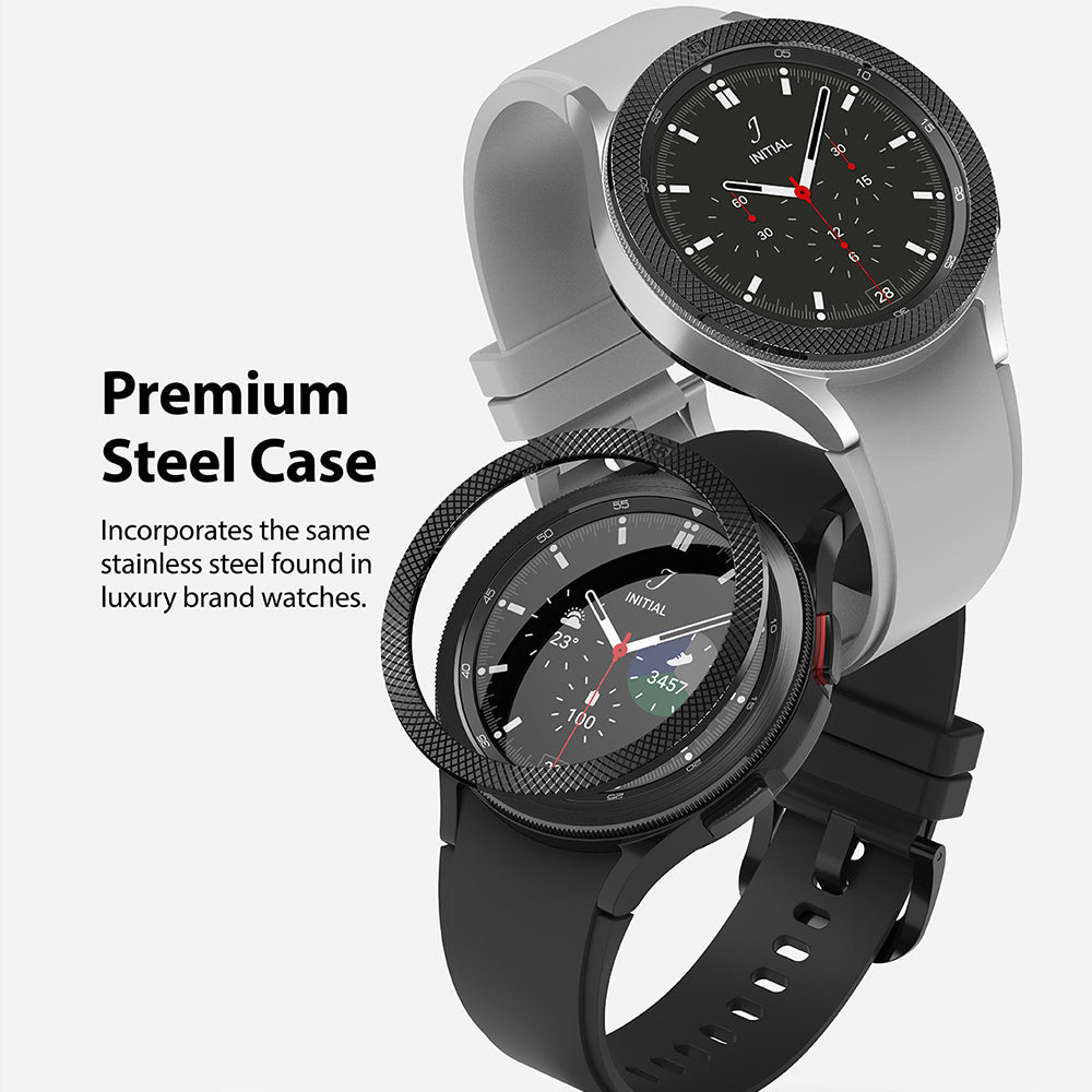 Galaxy Watch 4 Classic 46mm | Bezel Styling - Two smartwatches with textured metal bezels and silicone bands.