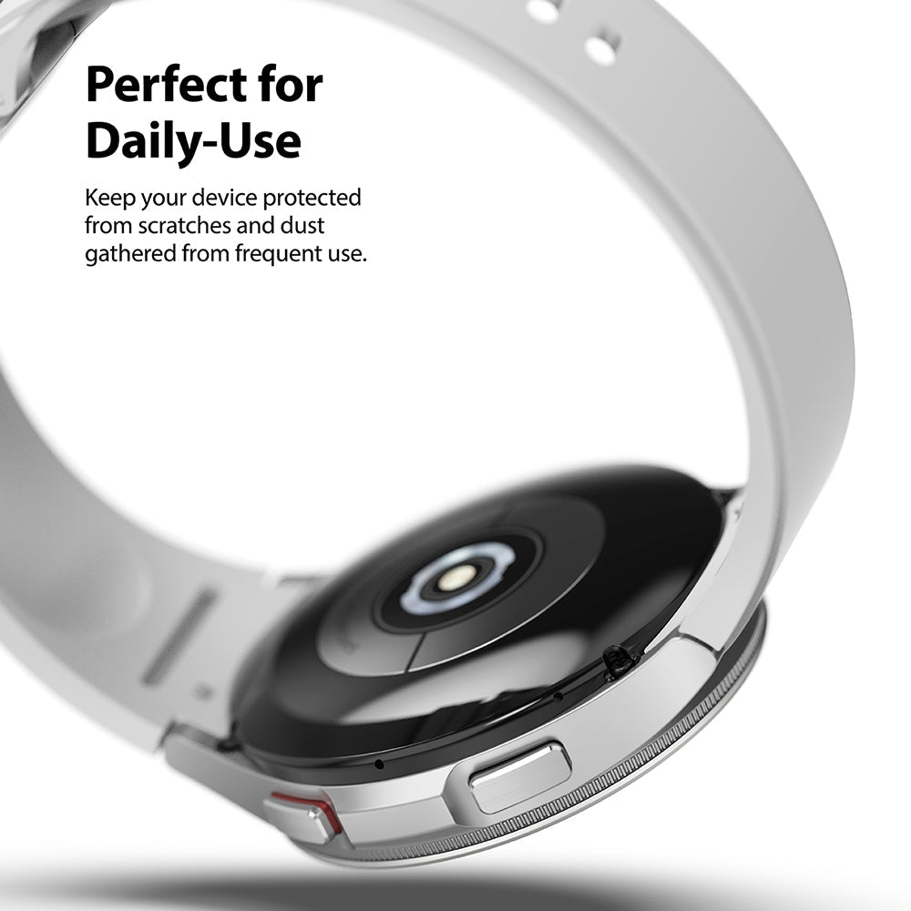 Galaxy Watch 4 Classic 42mm | Bezel Styling - Close-up of a silver smartwatch with a protective bezel and white band.