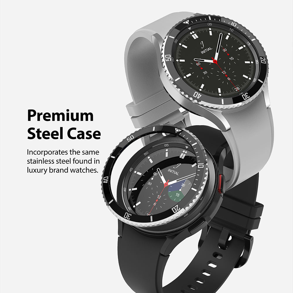 Galaxy Watch 4 Classic 46mm | Bezel Styling - Two Galaxy Watch 4 Classic smartwatches with stainless steel bezels.