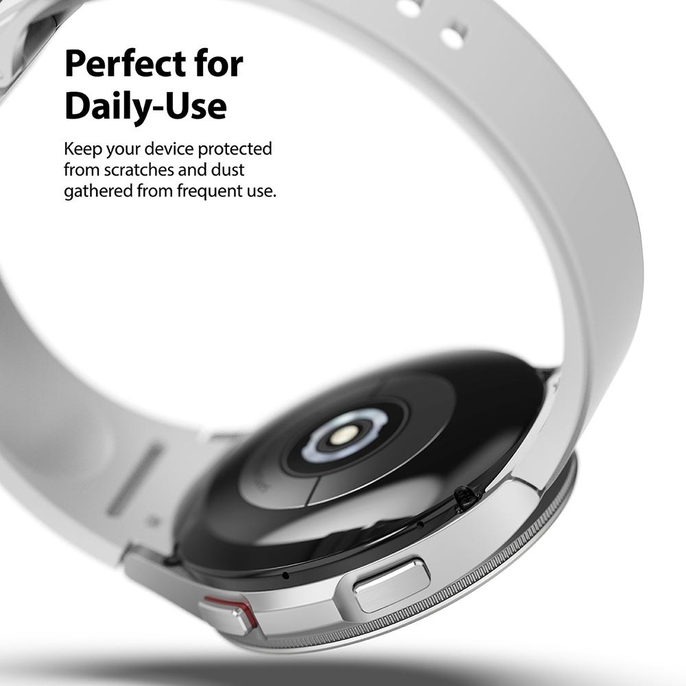 Galaxy Watch 4 Classic 46mm | Bezel Styling - Close-up of a silver smartwatch with a white band and protective bezel cover.