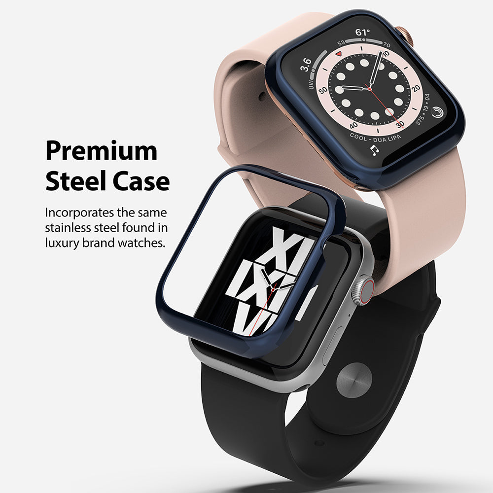 Apple Watch Series 6 / 5 / 4 / SE (44mm) | Bezel Styling - Two Apple Watches with navy blue stainless steel bezels.