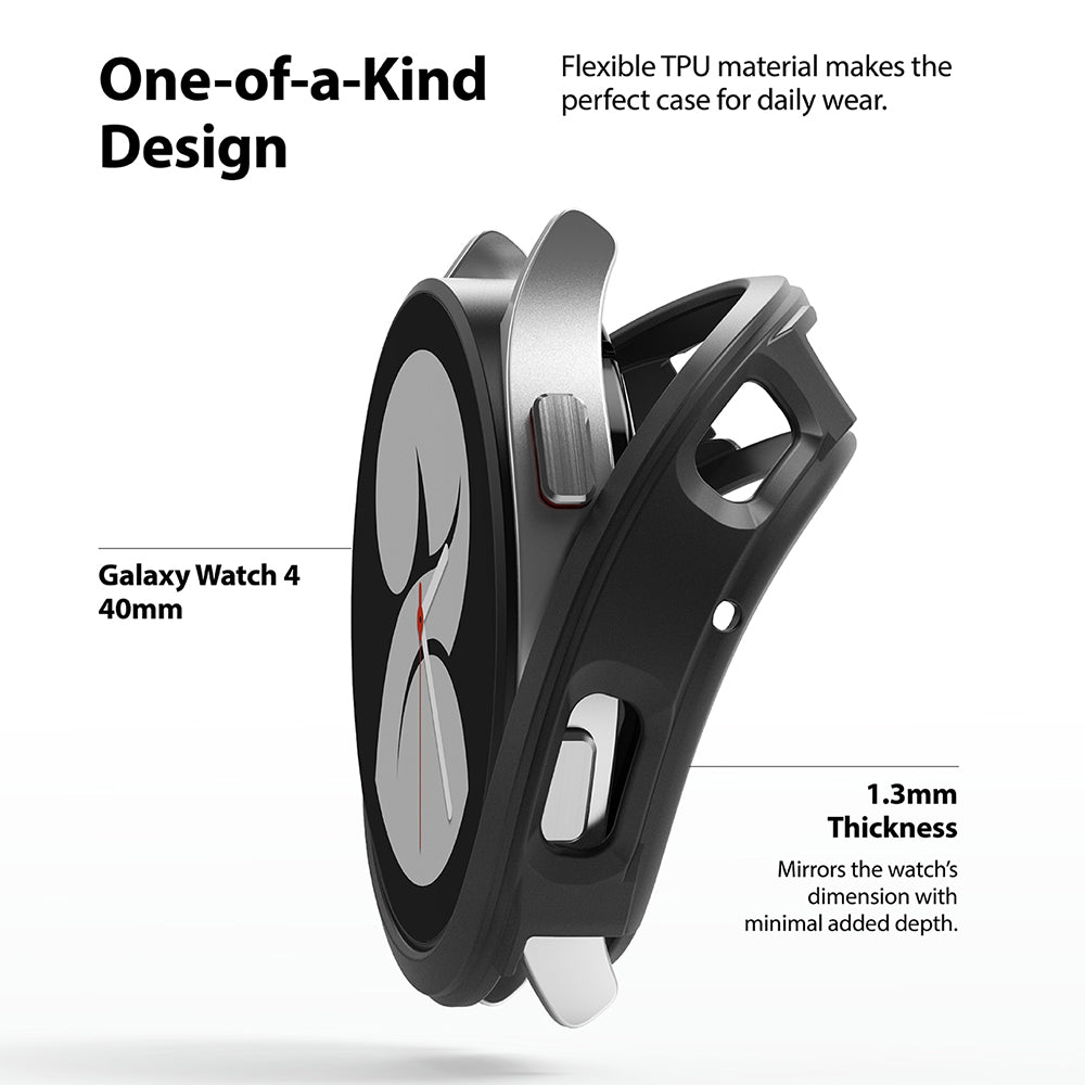 Galaxy Watch 4 (40mm) Case | Air Sports - A black TPU protective case being fitted onto a silver Galaxy Watch 4.