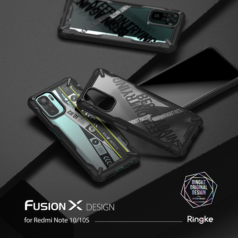 Redmi Note 10 / 10s Case | Fusion-X Design - Three protective phone cases with graphic prints displayed on a dark surface.