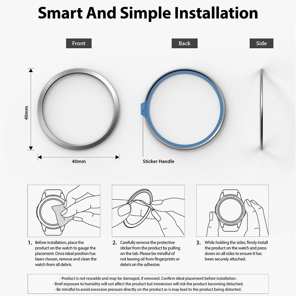 Galaxy Watch 5 / 4 (40mm) | Bezel Premium Styling - Galaxy Watch 5 / 4 (40mm) | Bezel styling ring showing front, back, and side views with three-step installation instructions.