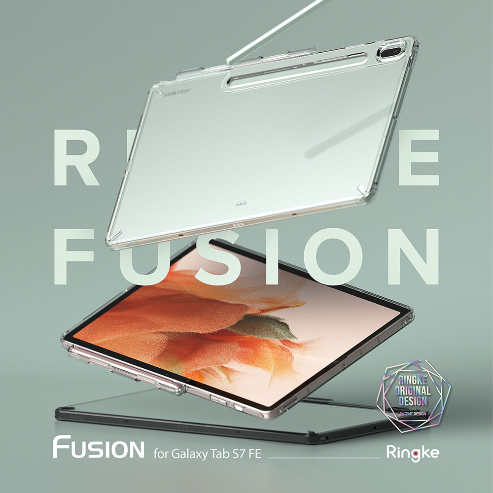 Galaxy Tab S7 FE Case | Fusion - Clear protective case floating above a Galaxy Tab S7 FE tablet against a sage background.