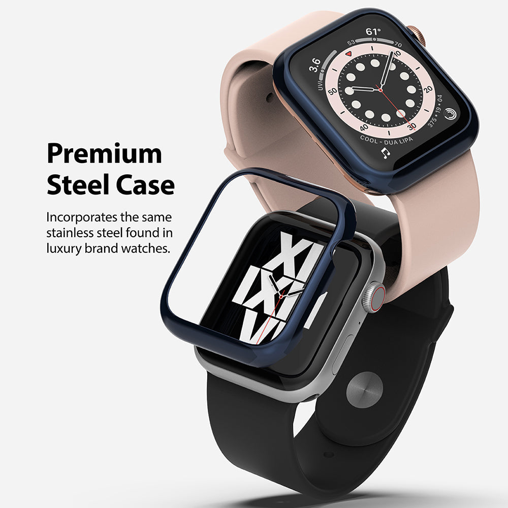 Apple Watch Series 6 / 5 / 4 / SE (40mm) | Bezel Styling - Two Apple Watches with glossy dark blue steel bezels.