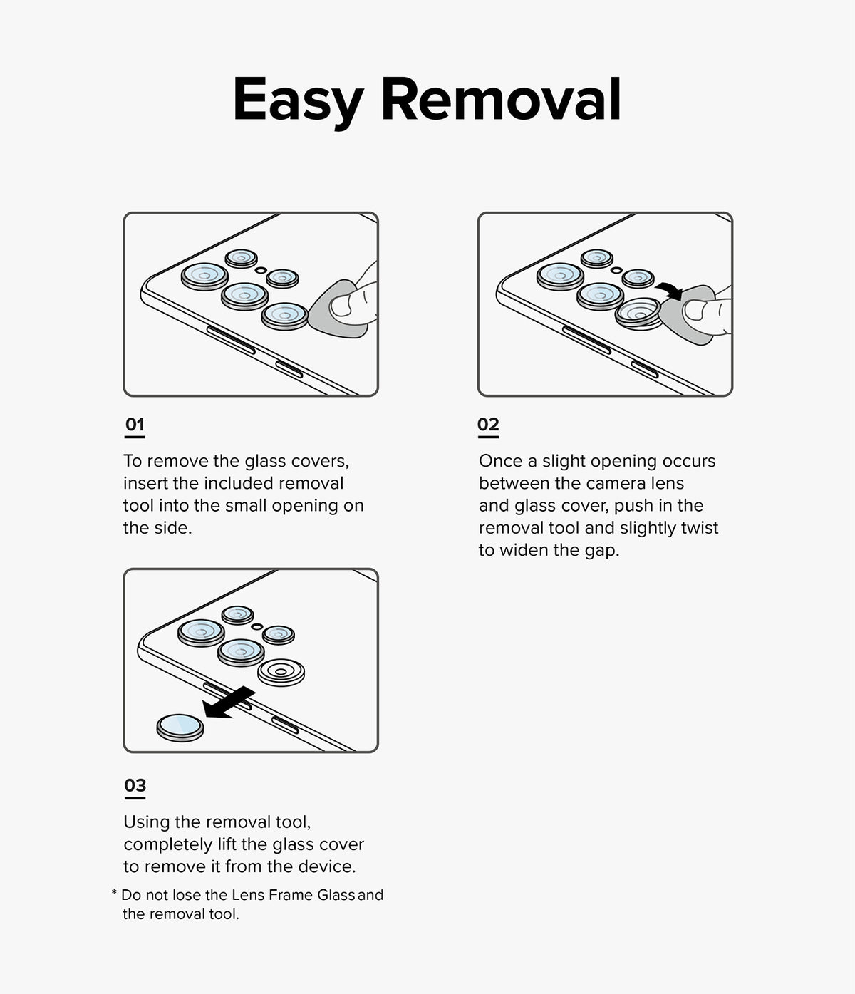 Galaxy A55 / A35 | Camera Lens Frame Glass - Galaxy A55 / A35 | Three-step illustrated guide showing how to remove camera lens glass covers using a small prying tool.