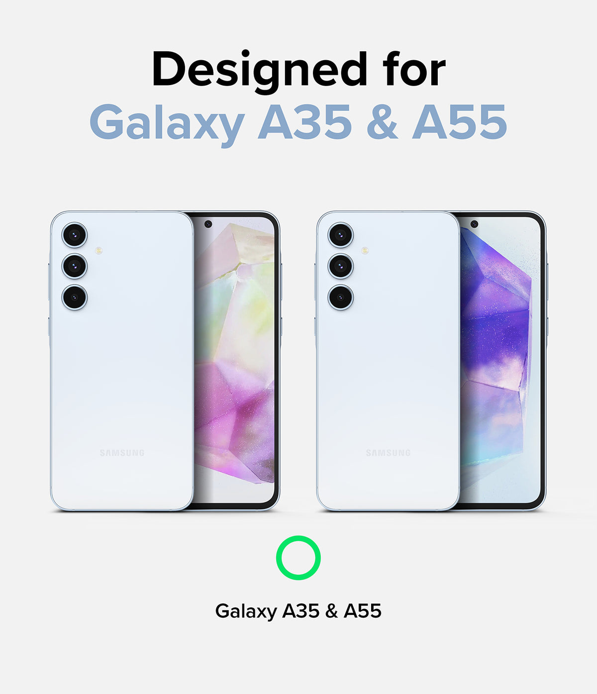 Galaxy A55 / A35 | Camera Lens Frame Glass - Two light blue Samsung Galaxy smartphones shown from front and back.
