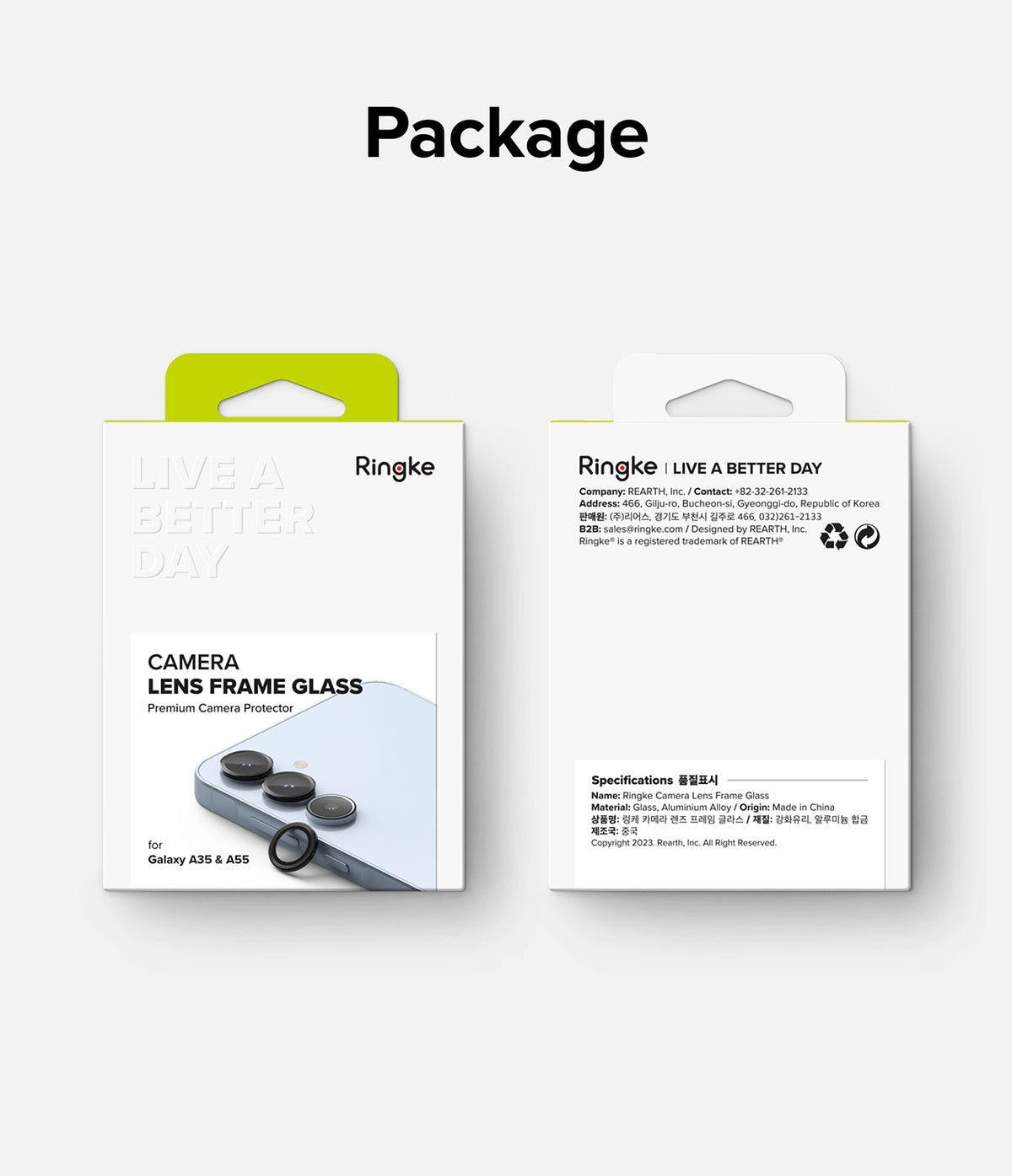 Galaxy A55 / A35 | Camera Lens Frame Glass - Front and back view of Ringke camera lens protector retail packaging.