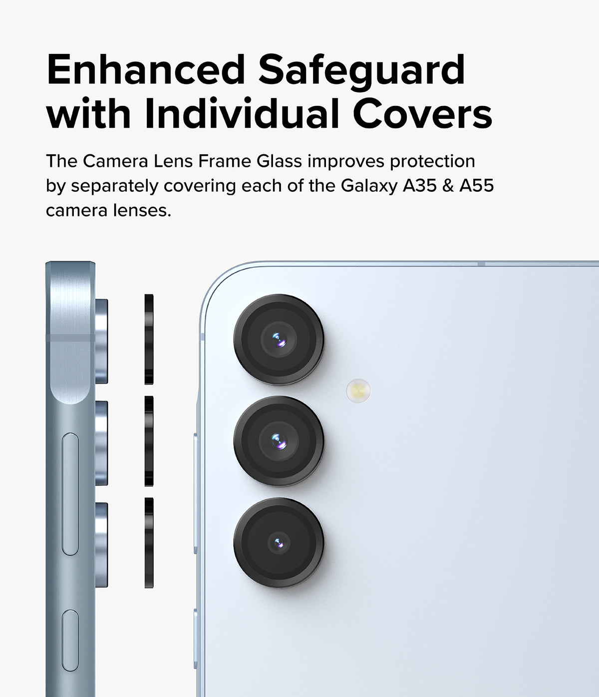 Galaxy A55 / A35 | Camera Lens Frame Glass - Individual protective covers aligning with Galaxy A55/A35 camera lenses.