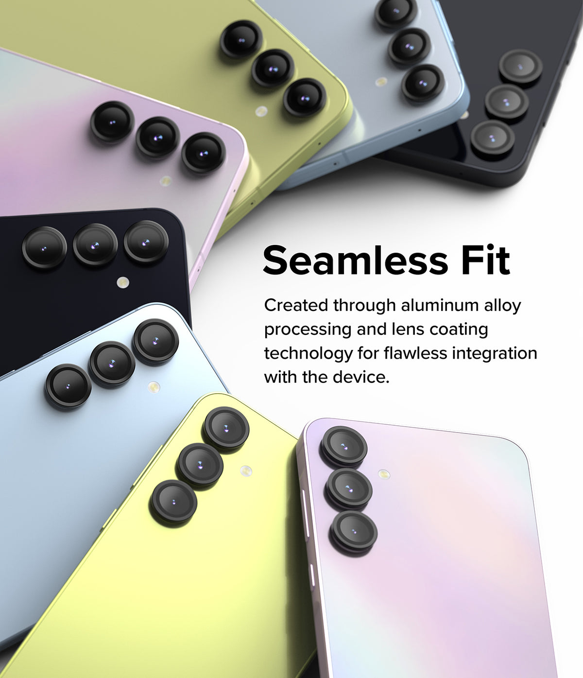 Galaxy A55 / A35 | Camera Lens Frame Glass - Multiple colorful smartphones arranged in a circle, highlighting their camera lens frames.
