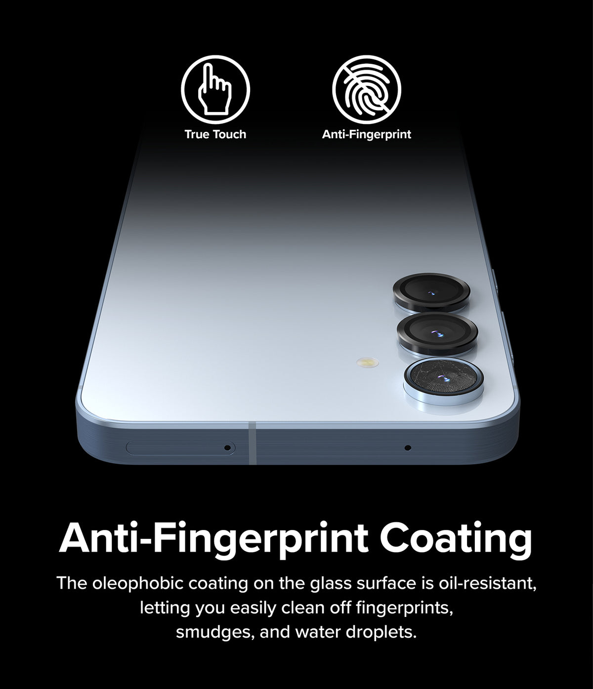 Galaxy A55 / A35 | Camera Lens Frame Glass - Smartphone with anti-fingerprint lens covers and oleophobic coating icons.