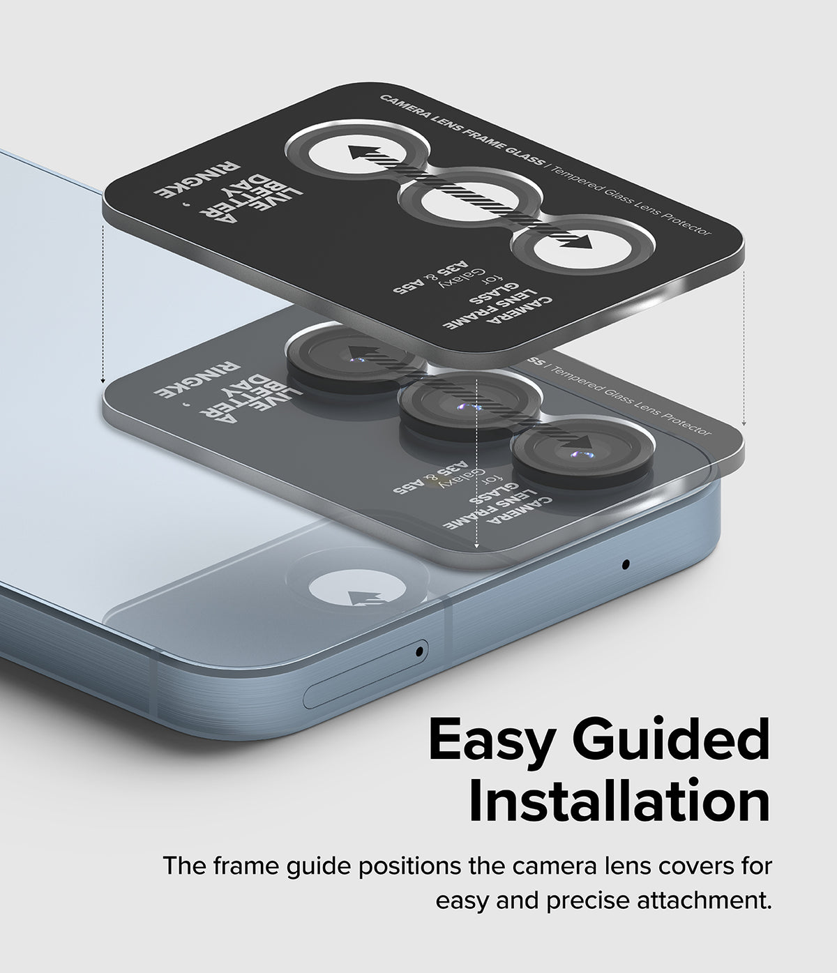 Galaxy A55 / A35 | Camera Lens Frame Glass - Galaxy A55 / A35 | Camera lens protector installation guide aligning three glass covers onto a smartphone camera array.