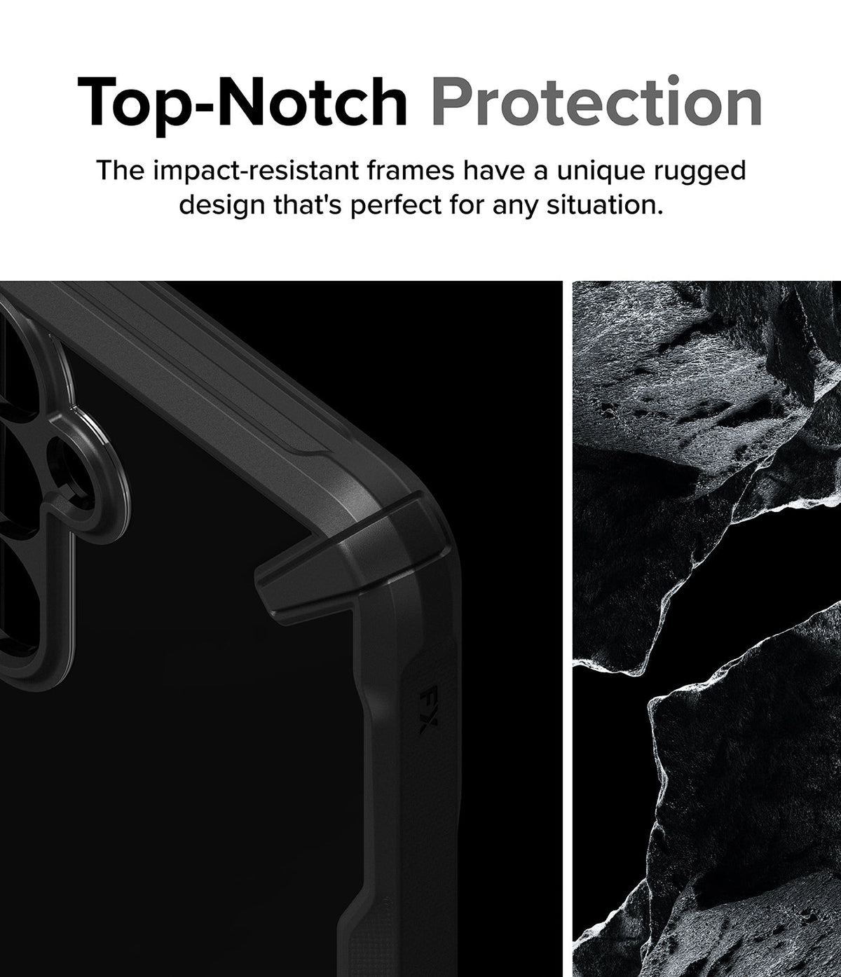 Galaxy A35 Case | Fusion-X - Close-up of a black, rugged phone case corner next to a textured rock surface.