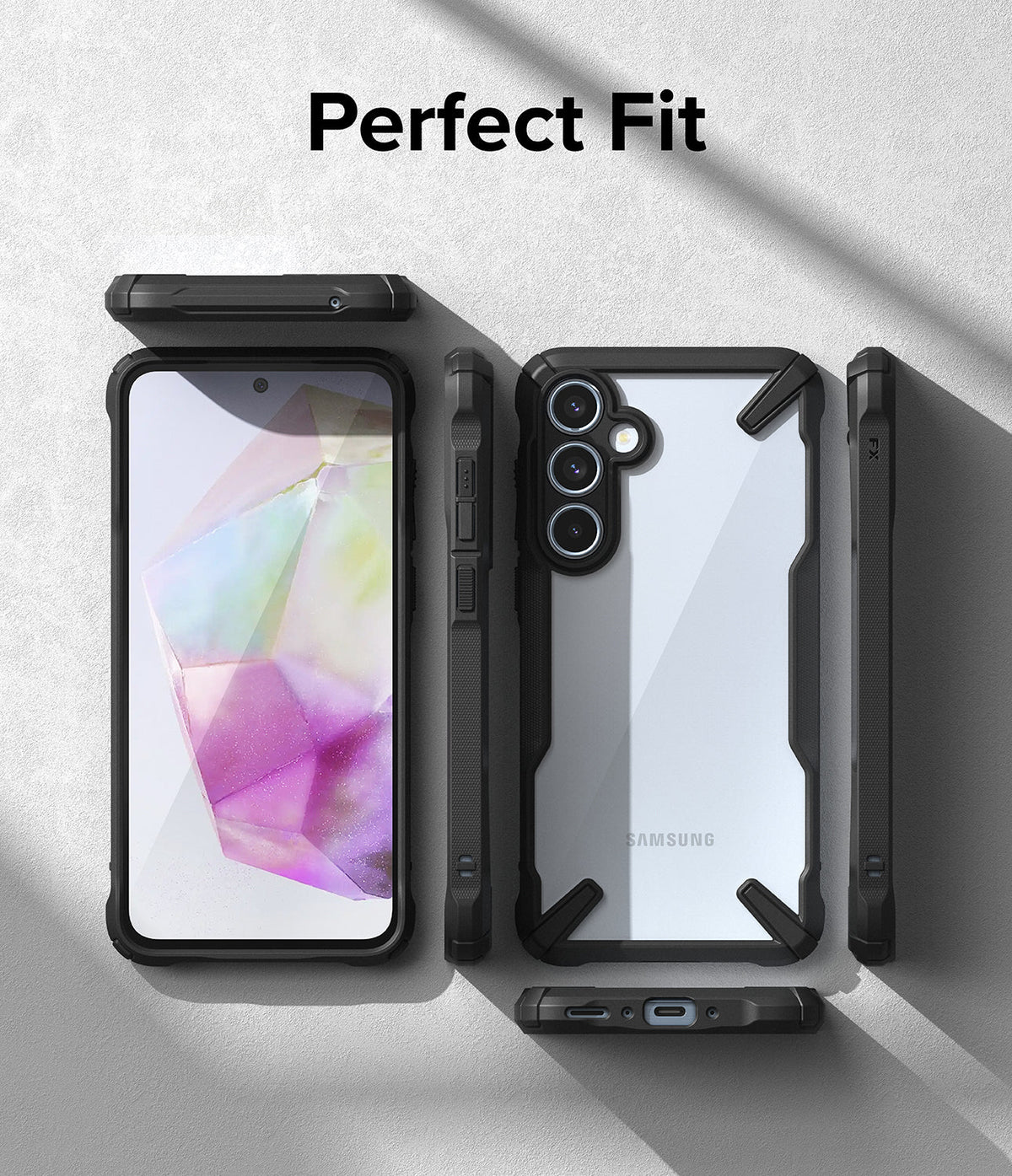 Galaxy A35 Case | Fusion-X - Exploded view of a black protective phone case showing front, back, and side profiles.