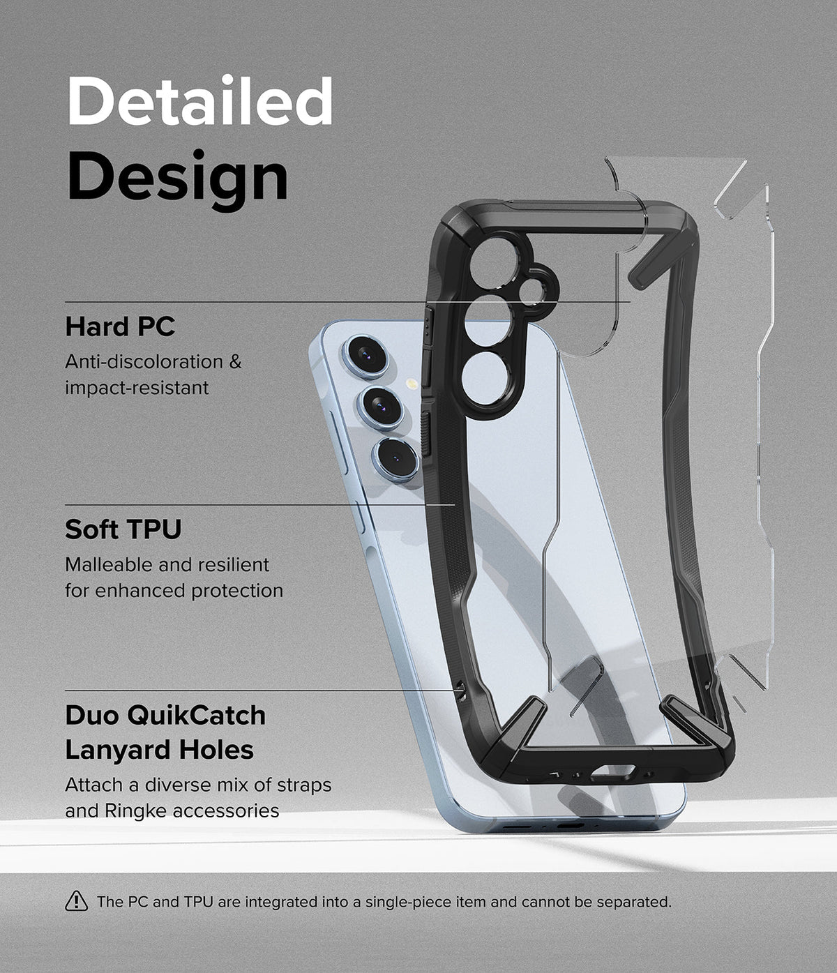 Galaxy A35 Case | Fusion-X - Exploded view of a phone case highlighting hard PC, soft TPU, and lanyard holes.
