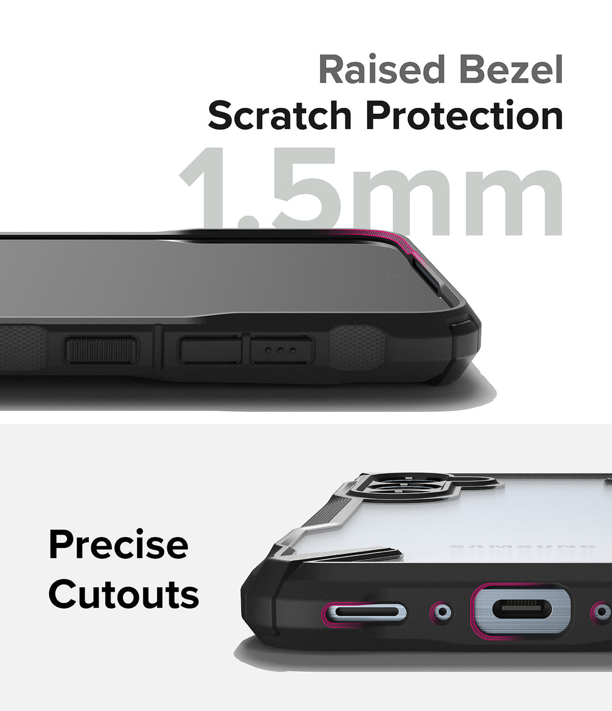 Galaxy A35 Case | Fusion-X - Close-up of phone case showing 1.5mm raised bezel for scratch protection and precise port cutouts.