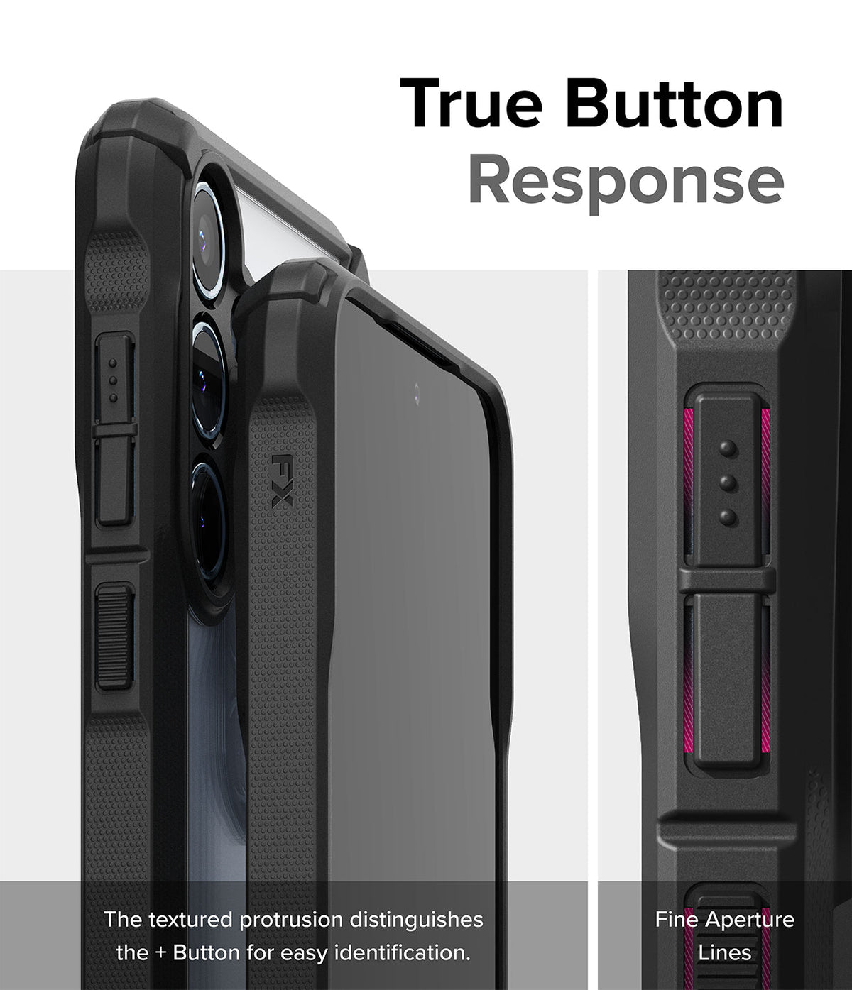 Galaxy A35 Case | Fusion-X - Close-up of phone case buttons with textured, tactile design for easy identification and responsive feel.