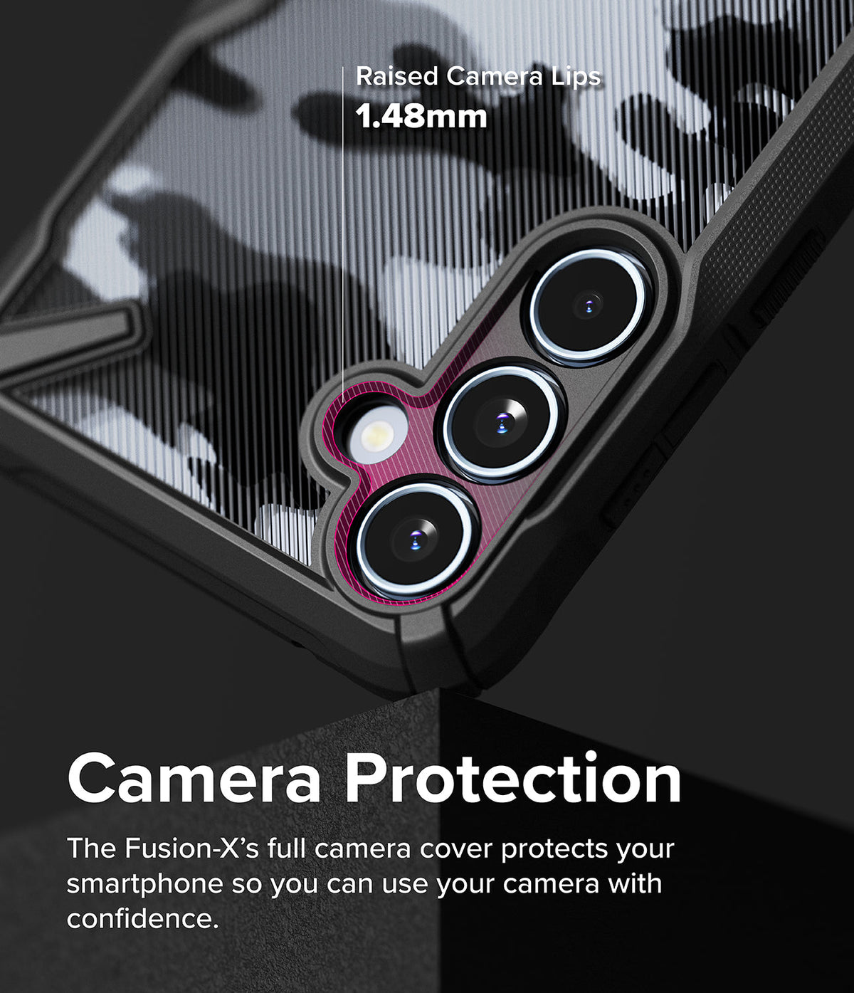 Galaxy A35 Case | Fusion-X - Close-up of phone case highlighting 1.48mm raised camera lips for lens protection.