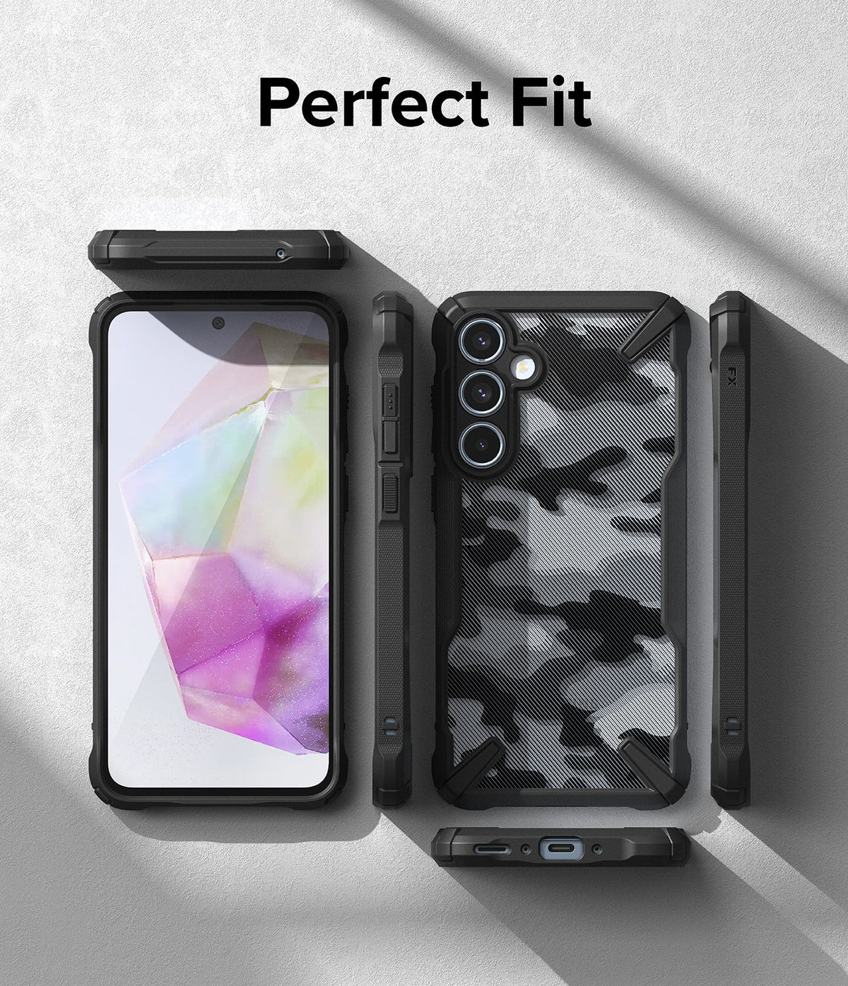 Galaxy A35 Case | Fusion-X - Black camo phone case shown from front, back, and side angles with a textured, rugged design.