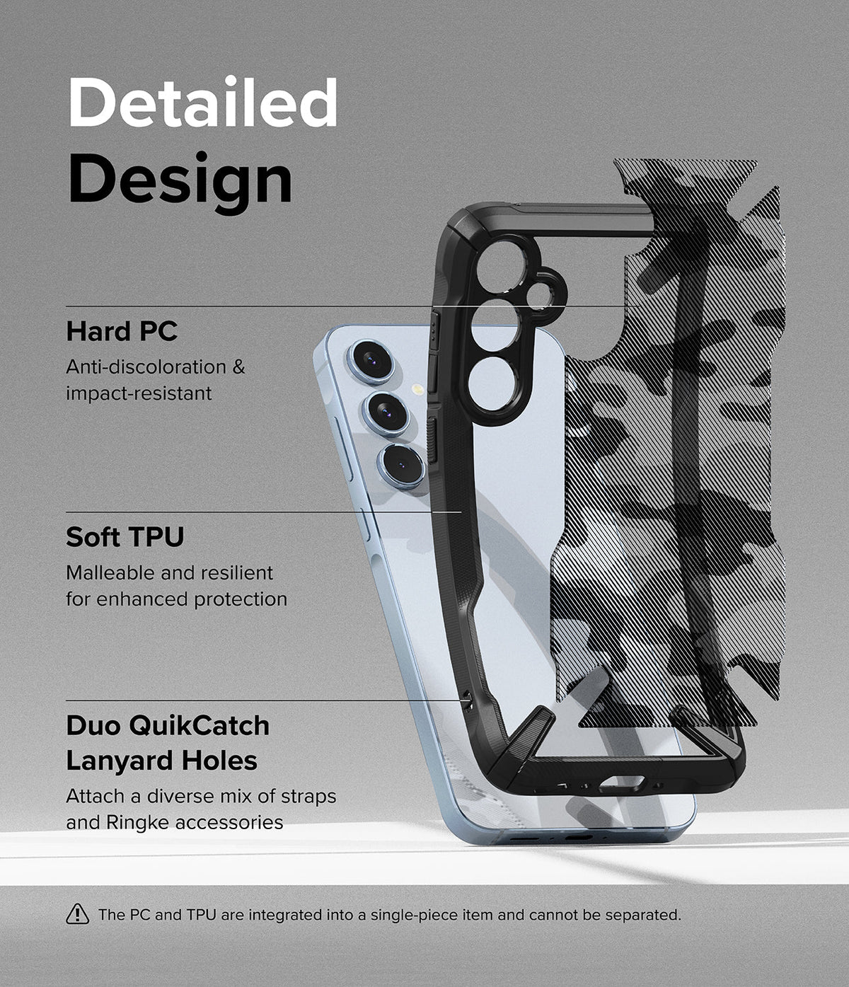Galaxy A35 Case | Fusion-X - Exploded view of a phone case showing hard PC and soft TPU layers with lanyard holes.