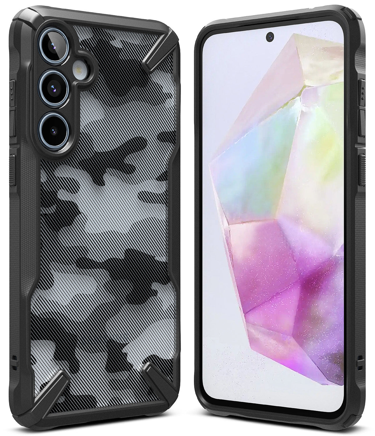 Galaxy A35 Case | Fusion-X - Black rugged phone case with camo back pattern and front view showing a crystal-themed screen.