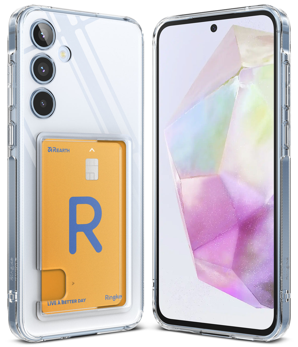 Galaxy A35 Case | Fusion Card - Clear phone case with a rear card slot holding a yellow card, shown from front and back.