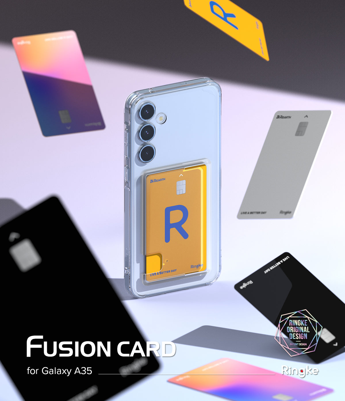 Galaxy A35 Case | Fusion Card - A clear Galaxy A35 phone case with a yellow card holder, surrounded by floating colorful credit cards.