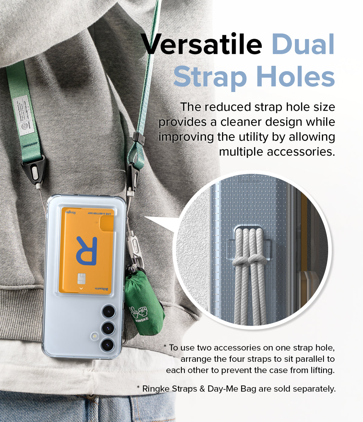 Galaxy A35 Case | Fusion Card - Phone case with dual strap holes holding a card and accessories, featuring a close-up of strap attachment.