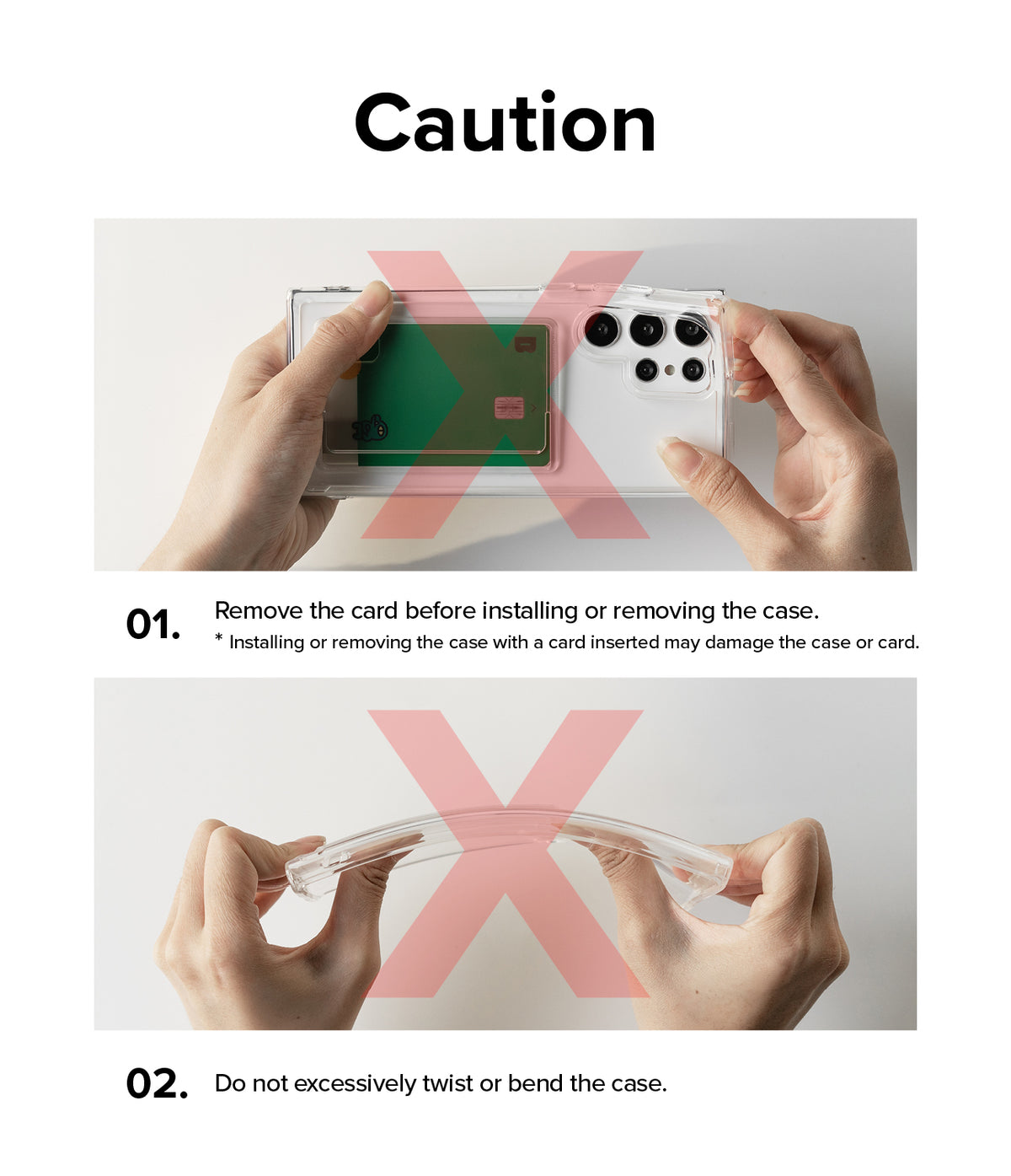 Galaxy A35 Case | Fusion Card - Caution graphic showing to remove cards before case installation and avoid bending.