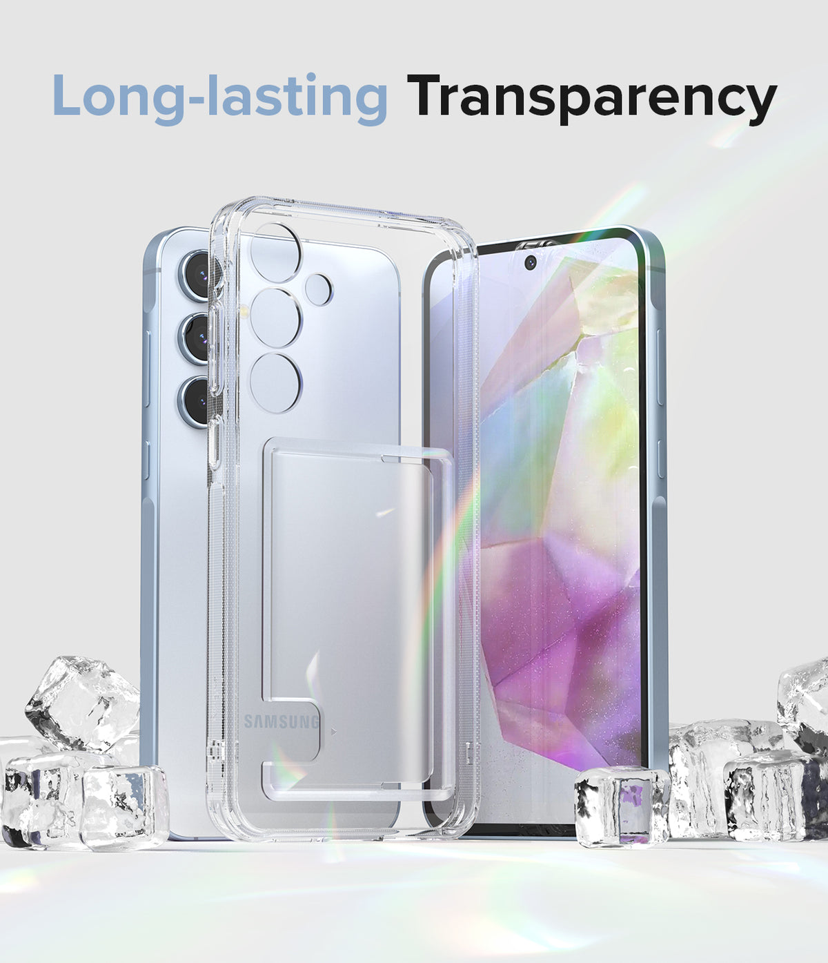 Galaxy A35 Case | Fusion Card - Clear phone case with card slot on a light blue phone surrounded by ice cubes.