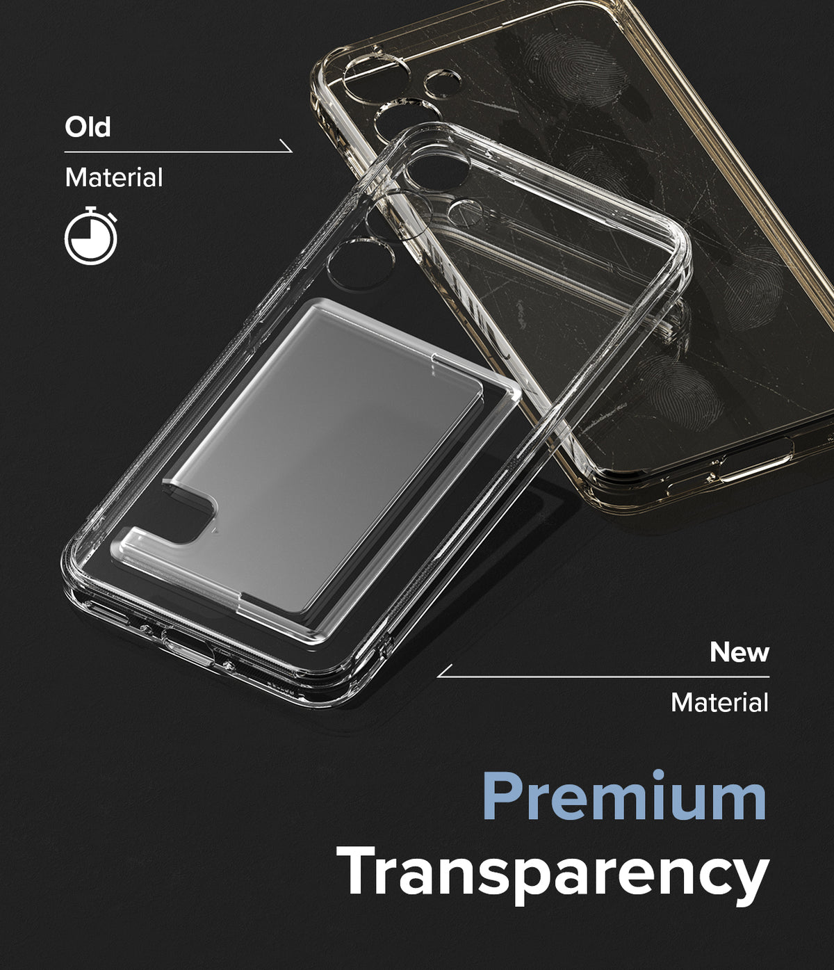 Galaxy A35 Case | Fusion Card - Comparison of yellowed old phone case material versus clear new premium material.