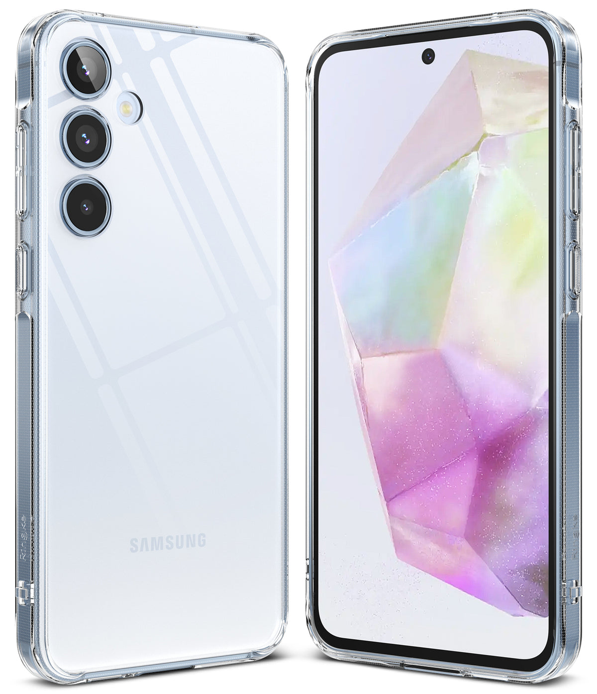 Galaxy A35 Case | Fusion - Clear protective case on a Samsung Galaxy A35 showing front and back views with a crystal graphic.
