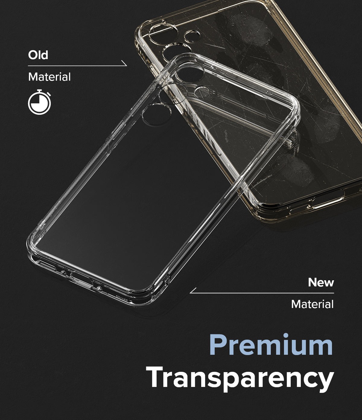 Galaxy A35 Case | Fusion - Comparison of a yellowed old phone case and a clear new case highlighting premium transparency.