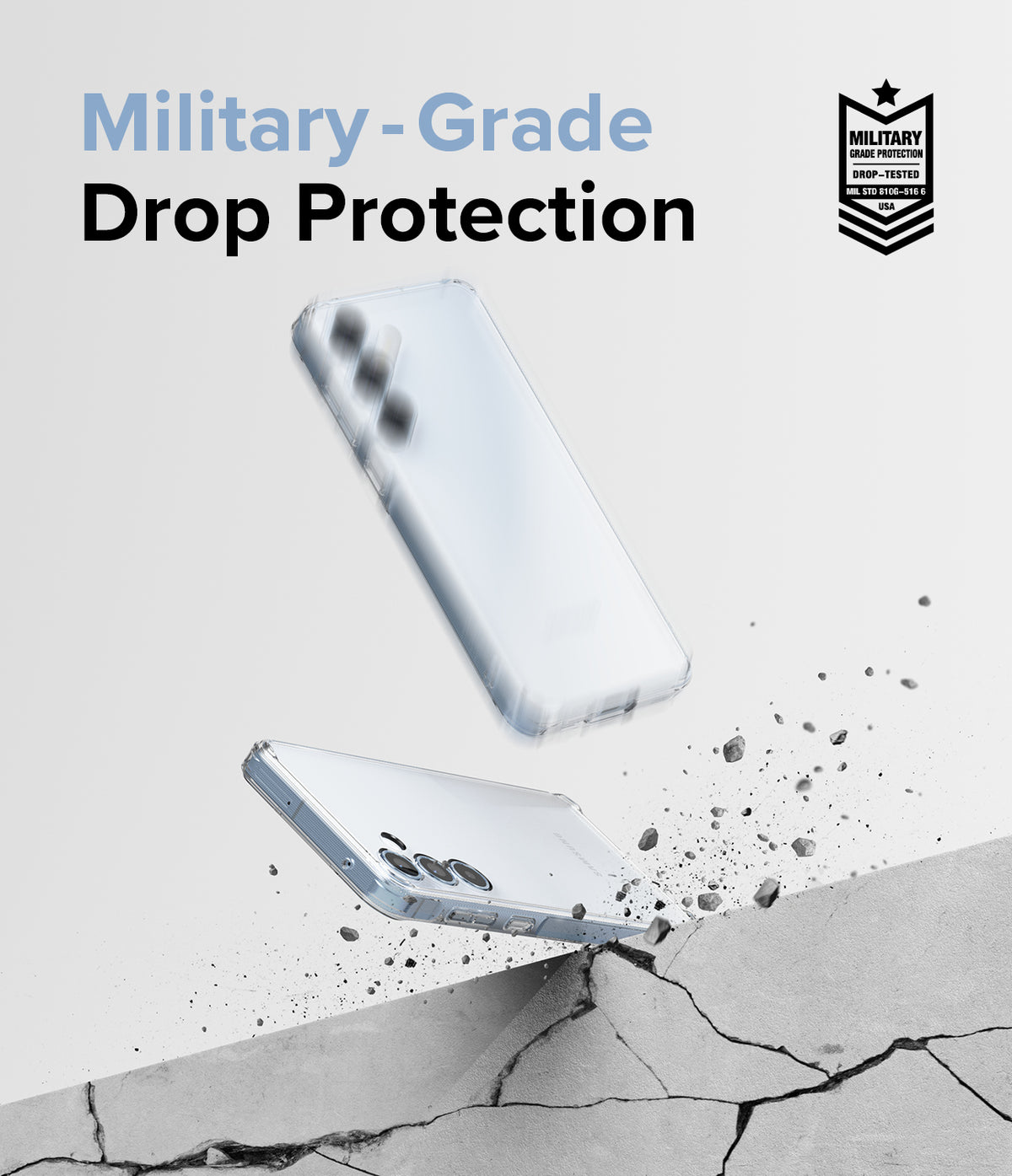 Galaxy A35 Case | Fusion - Clear phone case falling toward a cracked concrete surface with military-grade protection badge.
