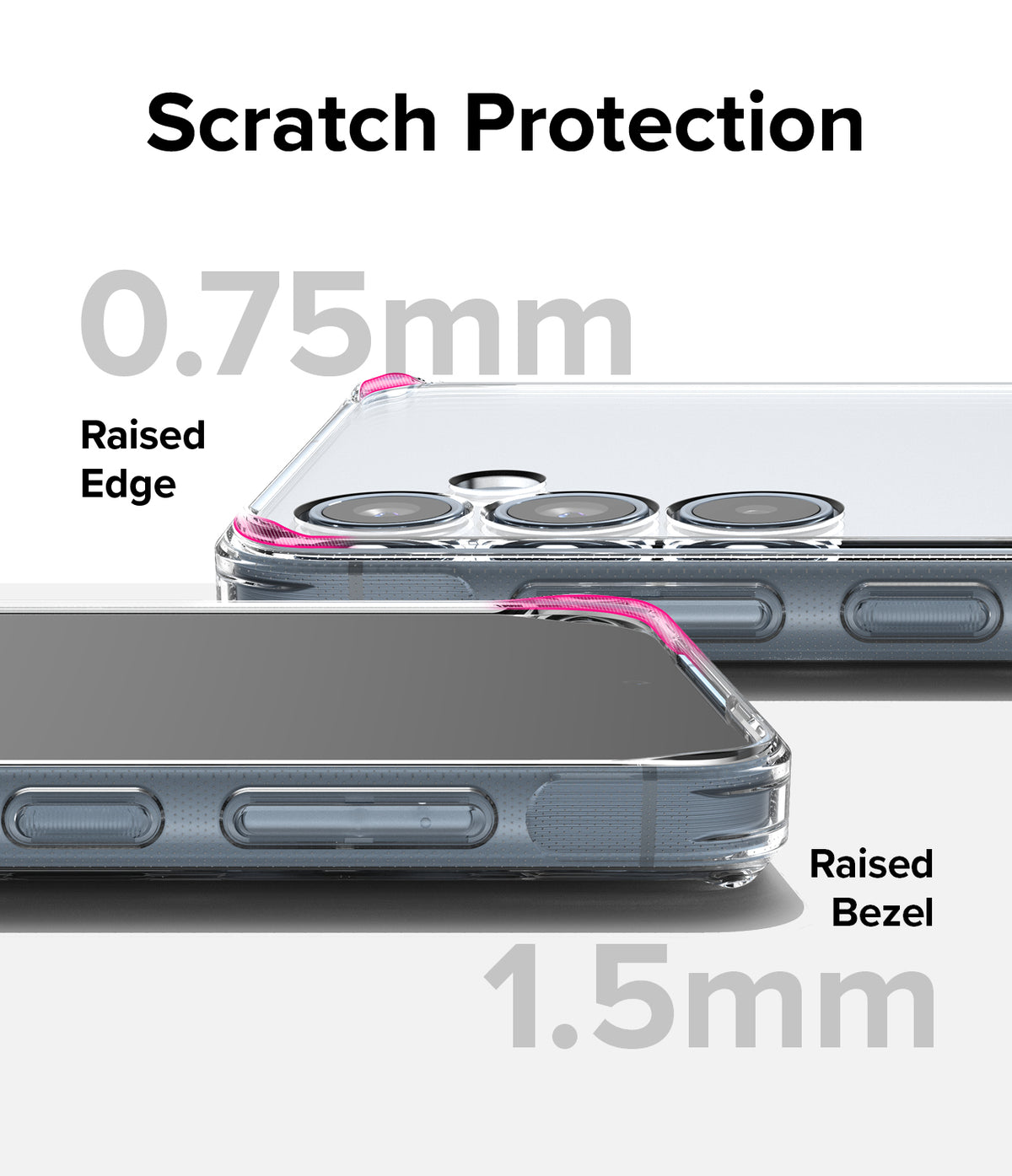 Galaxy A35 Case | Fusion - Clear phone case showing 0.75mm raised camera edges and 1.5mm raised screen bezels for protection.