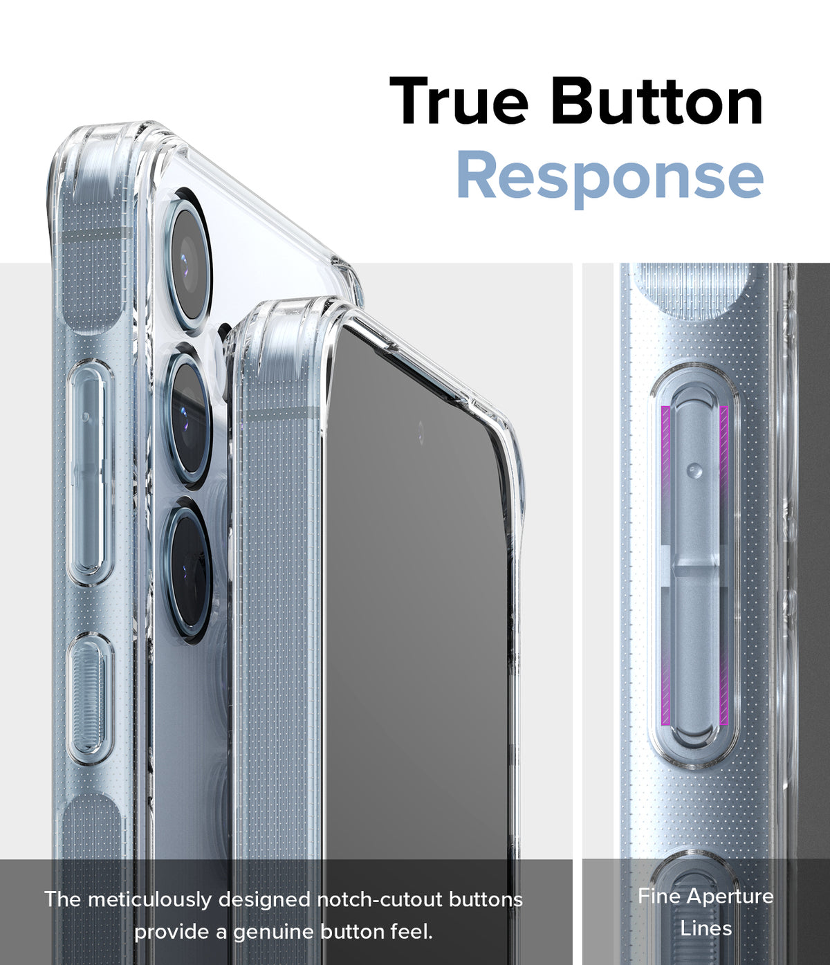 Galaxy A35 Case | Fusion - Close-up of clear phone case buttons with notch-cutouts for tactile response and aperture lines.