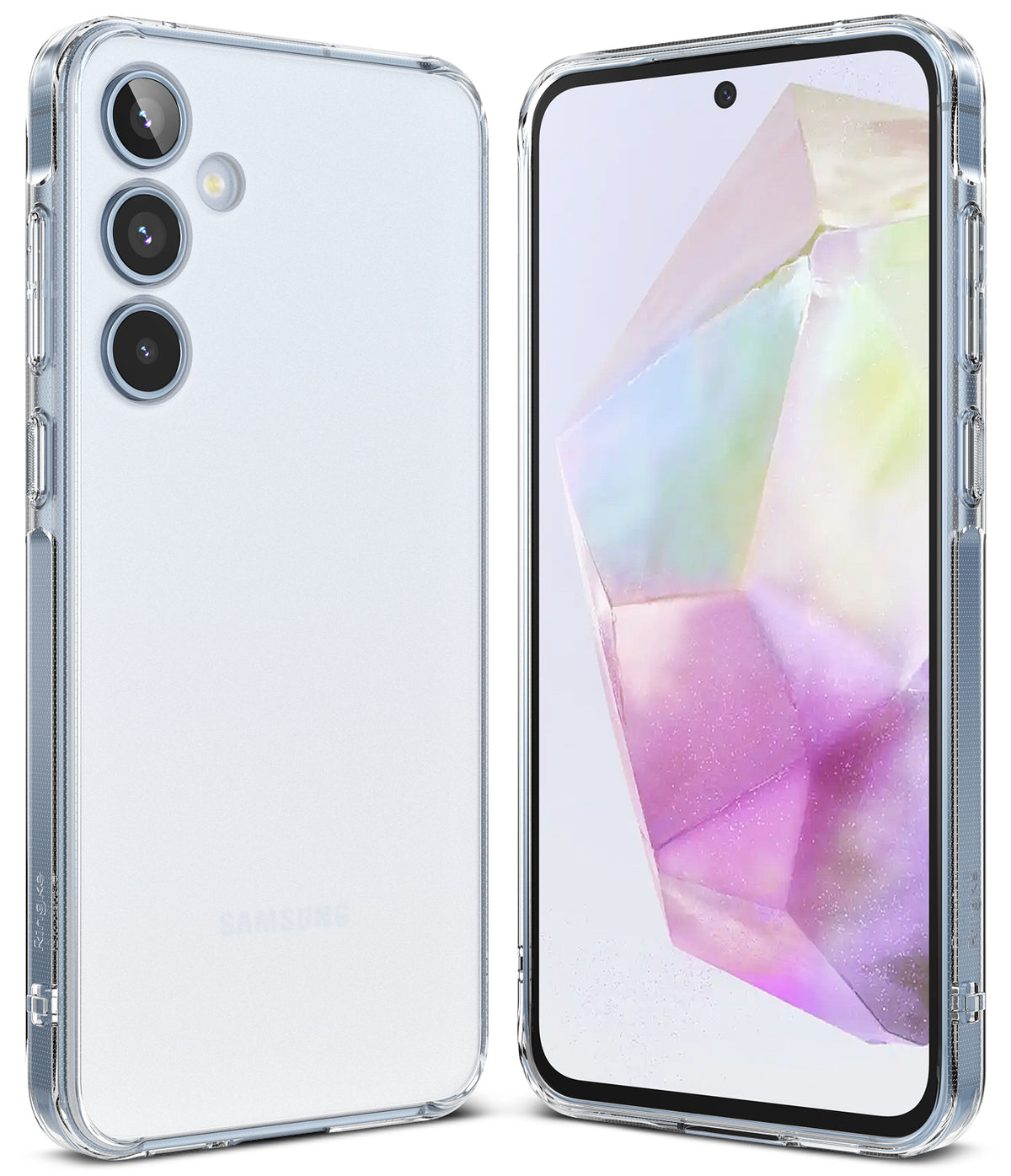 Galaxy A35 Case | Fusion Matte - Front and back view of a Samsung Galaxy A35 in a clear, matte protective phone case.