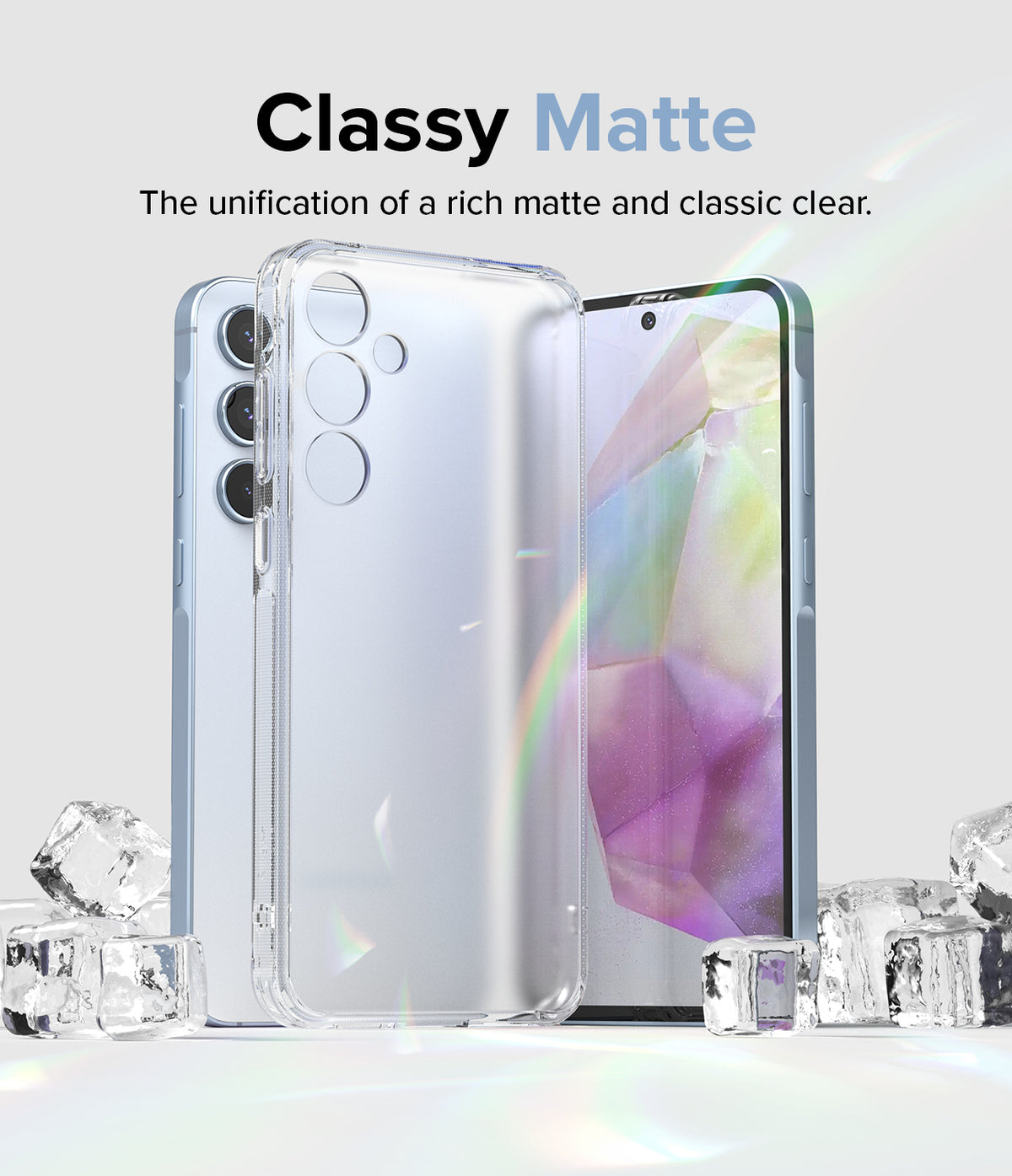 Galaxy A35 Case | Fusion Matte - Clear matte phone case standing in front of a blue smartphone surrounded by ice cubes.