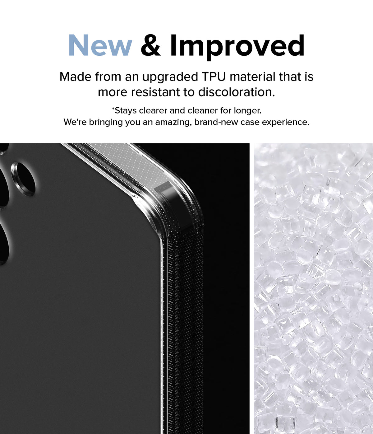 Galaxy A35 Case | Fusion Matte - Close-up of a matte phone case corner next to a pile of clear TPU plastic pellets.