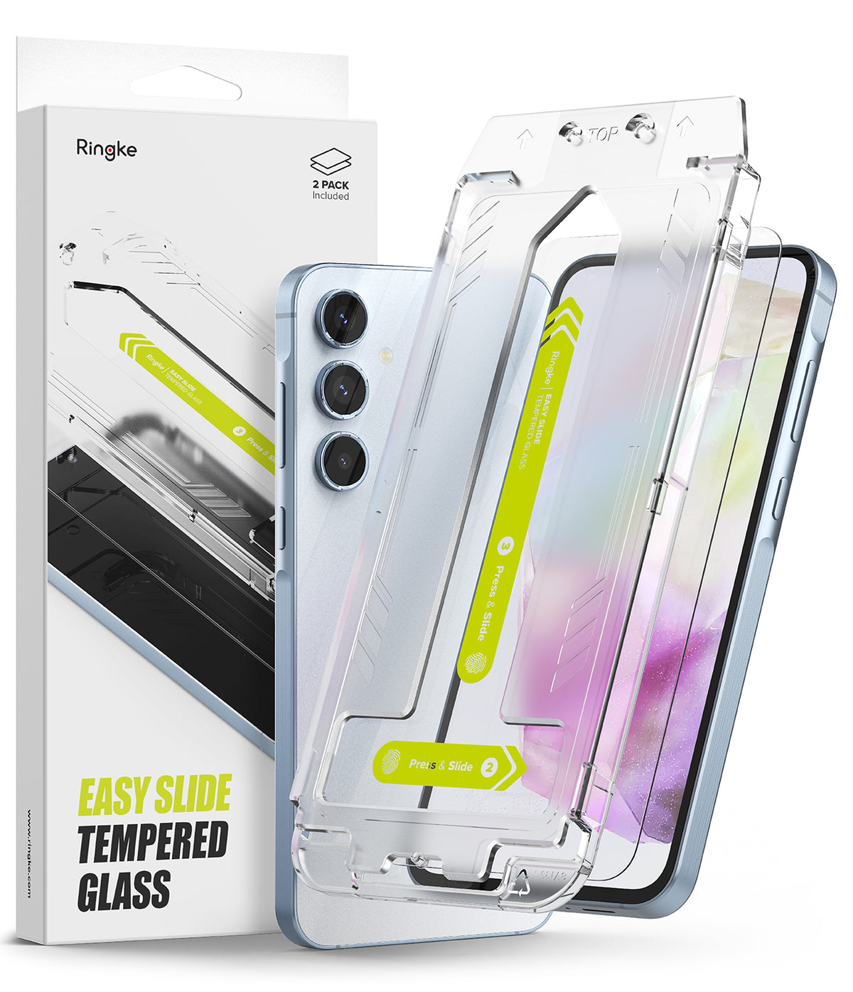 Galaxy A35 Screen Protector | Easy Slide Tempered Glass - Galaxy A35 Screen Protector - Easy Slide tempered glass installation tool over a light blue smartphone and product box.