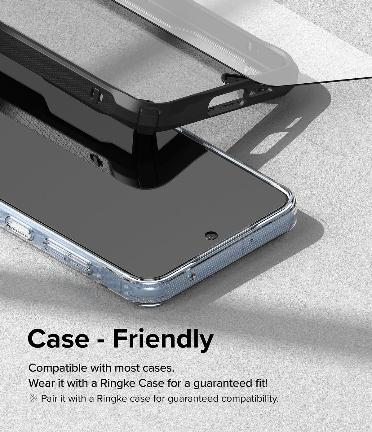 Galaxy A35 Screen Protector | Easy Slide Tempered Glass - Galaxy A35 Screen Protector - Tempered glass screen protector hovering above a smartphone inside a protective case.
