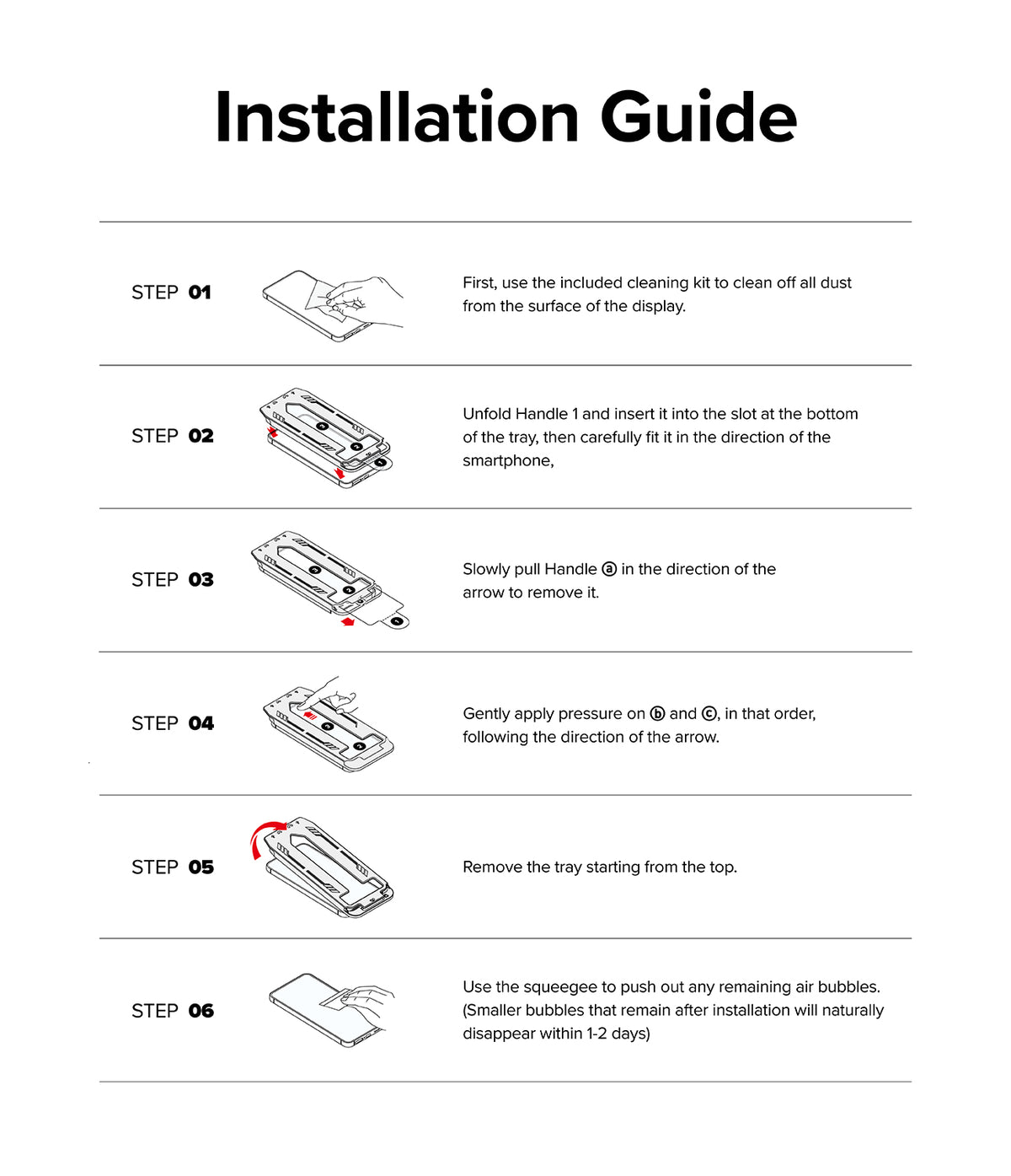 Galaxy A35 Screen Protector | Easy Slide Tempered Glass - Galaxy A35 Screen Protector - Six-step installation guide showing cleaning, tray alignment, film removal, and bubble smoothing.