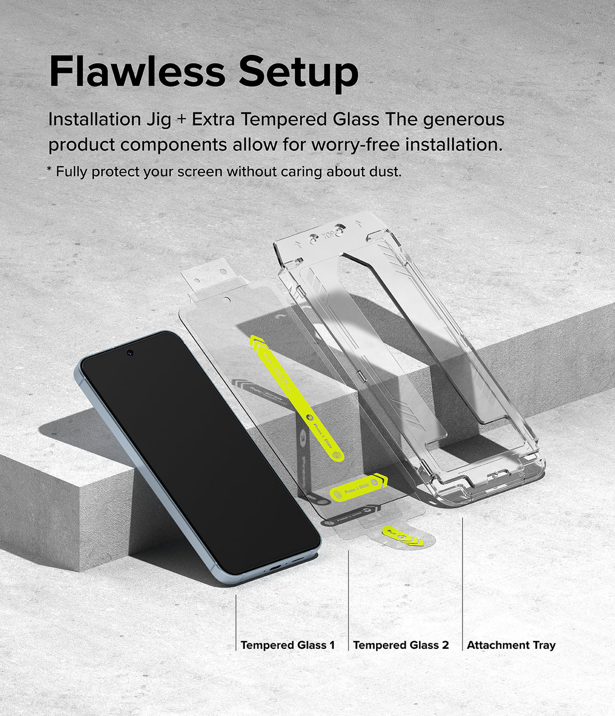 Galaxy A35 Screen Protector | Easy Slide Tempered Glass - Galaxy A35 Screen Protector - Smartphone, two tempered glass sheets, and an installation tray on a concrete surface.