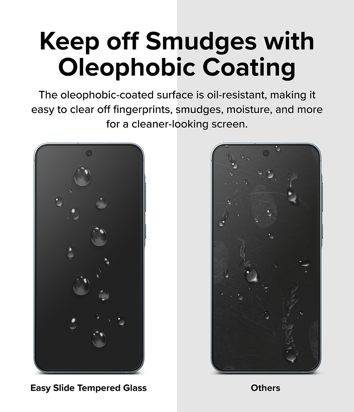Galaxy A35 Screen Protector | Easy Slide Tempered Glass - Galaxy A35 Screen Protector - Comparison showing clean oleophobic glass versus a smudged screen with water droplets.