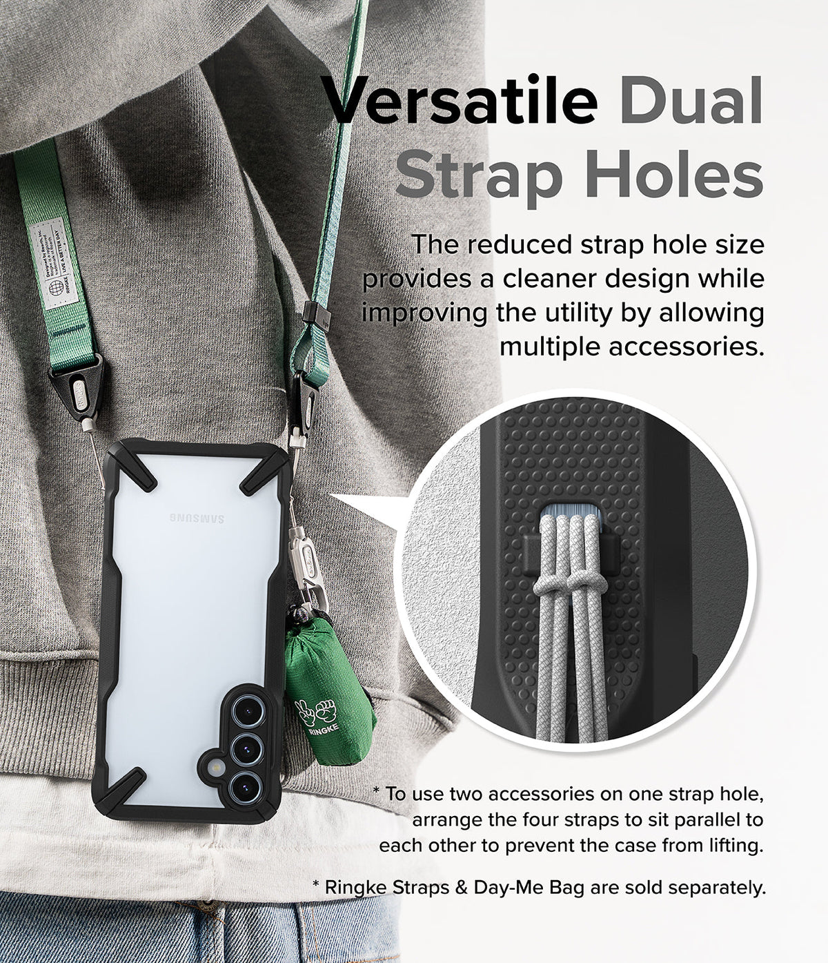 Galaxy A55 Case | Fusion-X - Phone case with dual strap holes holding a green lanyard and a small accessory bag.