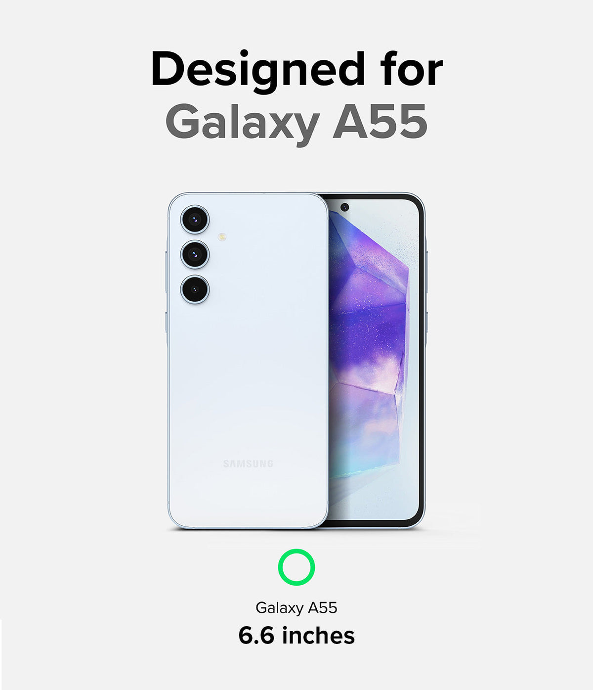 Galaxy A55 Case | Fusion-X - Light blue Galaxy A55 phone showing front and back, with text confirming 6.6-inch display size.