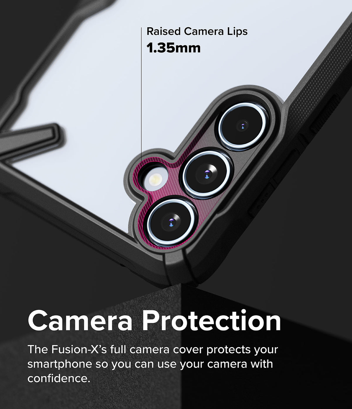 Galaxy A55 Case | Fusion-X - Close-up of phone case camera cutout highlighting 1.35mm raised protective lips around the lenses.